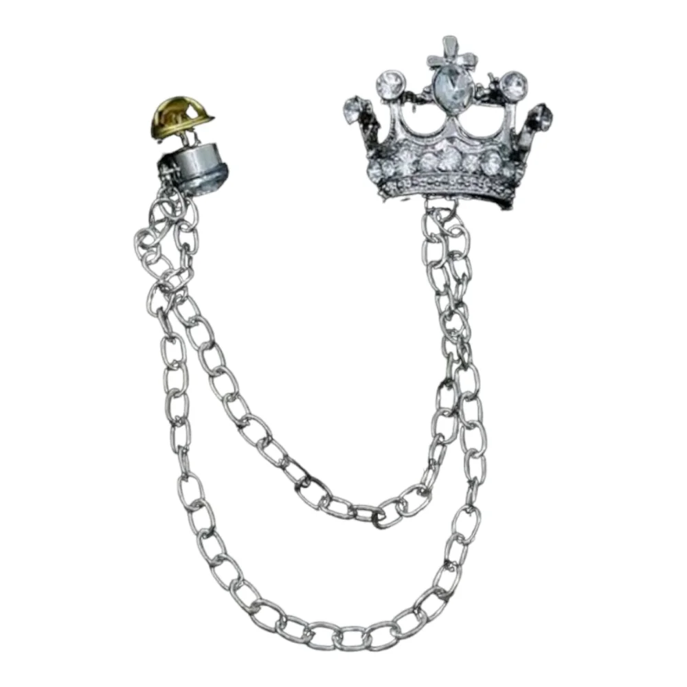 Crown Silver Tone With Rhinestones Unisex Chained Decor Brooch